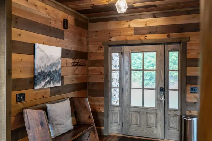 Front door from the inside of the kitchen/living room area.