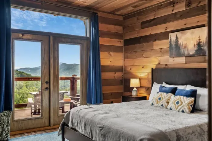 Step outside the double doors to the back porch for breathtaking views, or unwind indoors with your own TV and convenient closet space.