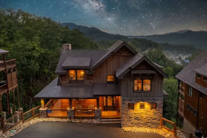 Another drone shot of the front of the cabin.