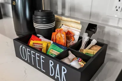 Property comes stocked with coffee, tea, sugar, and creamer.