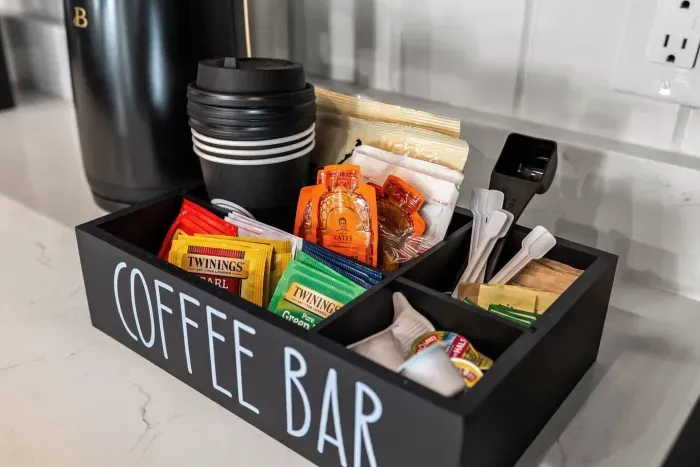 Property comes stocked with coffee, tea, sugar, and creamer. 