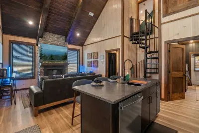 A striking kitchen with a spiral staircase that steals the show