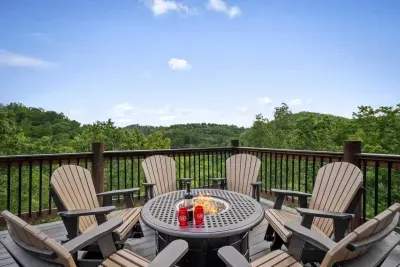 Six seats circle the fire pit—perfect for sharing a glass of wine or sipping hot cocoa under the mountain sky.