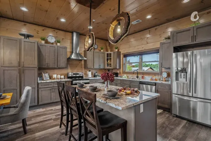 Large fully stocked kitchen with island.
