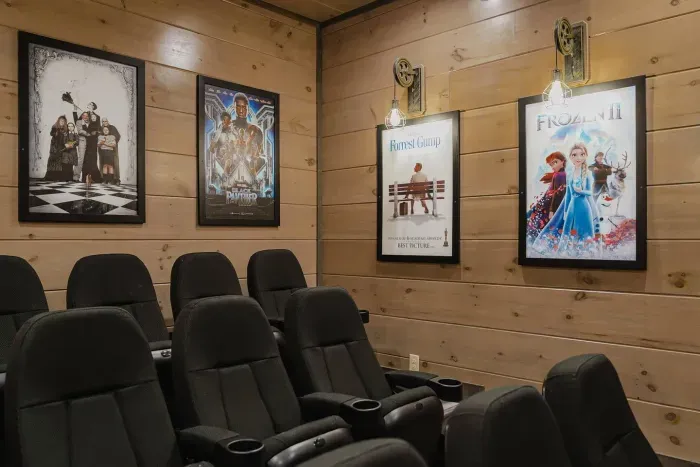 Our private theater features 13 plush seats so the whole crew can settle in. Walls are lined with iconic posters — from Frozen II + to Forrest Gump.