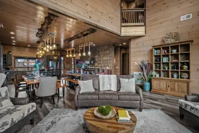 cozy sofa in the living room with the view of the upstairs overlook.
