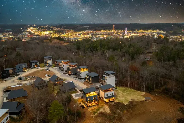 Aerial night view with city lights just a few minutes away