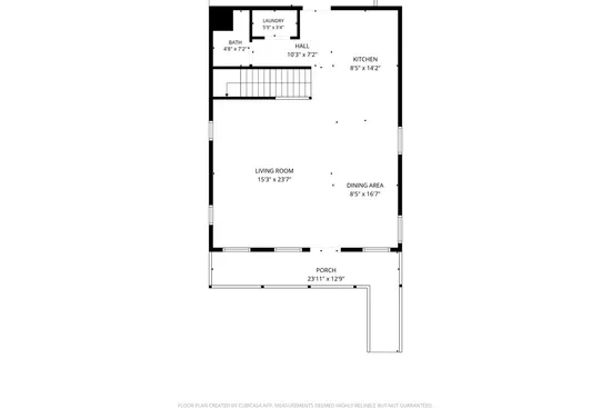 Main-level layout: the open living, dining, and kitchen, plus the covered back porch.