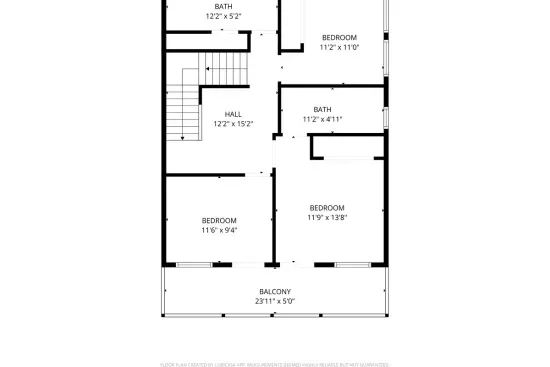 Second-floor layout: three bedrooms, two full baths, and the shared walkout balcony.