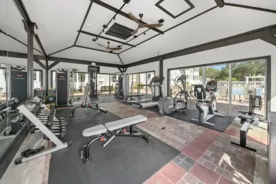 The community gym is close by and open to guests, with cardio machines, benches and free weights. A handy way to keep your routine going on vacation.