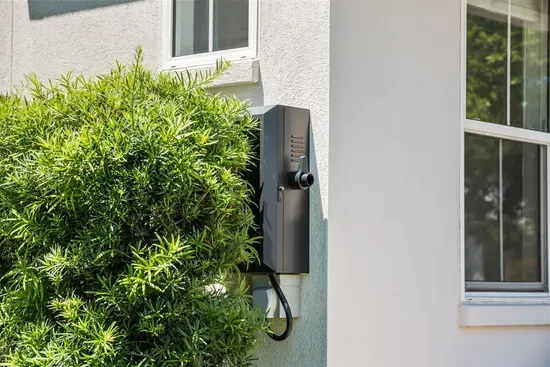 EV charging station on the exterior of the home — available for guests to keep their electric vehicle charged throughout the stay.