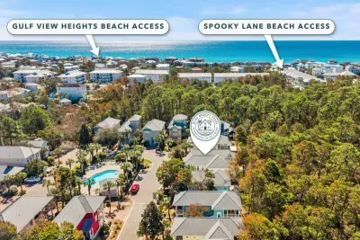Both Gulfview Heights and Spooky Lane public beach accesses are an easy walk from the home, and this aerial shows just how close the Gulf really is.