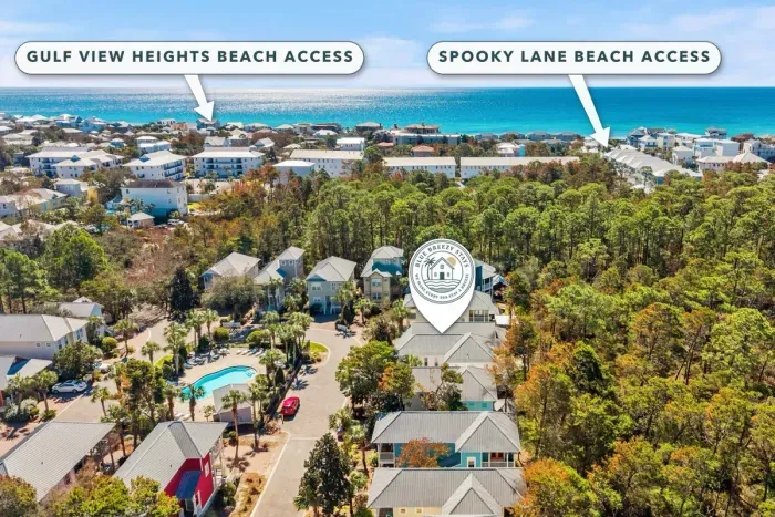 Both Gulfview Heights and Spooky Lane public beach accesses are an easy walk from the home, and this aerial shows just how close the Gulf really is.