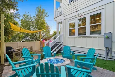 Poolside fire pit and seating for evenings spent unwinding outdoors
