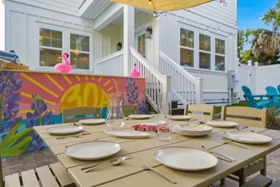 Sunshade covered outdoor dining table ideal for relaxed family meals