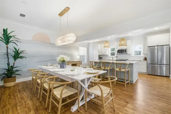 Dining area with seating for the whole group in an open, airy layout