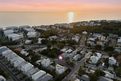 Aerial view of the Blue Mountain Beach area at sunset
