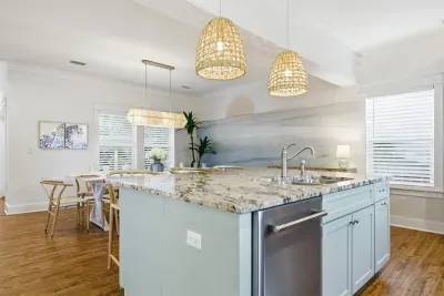 Open kitchen with island seating, perfect for casual meals and conversation