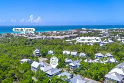 Your whole 30A world in one frame: the Blue Mountain Beach public access under half a mile out, the community pool just down the street, and the home tucked into the pines between them.