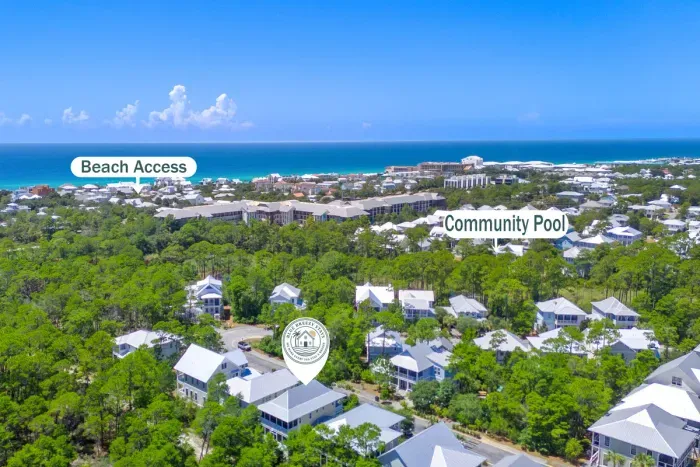 Your whole 30A world in one frame: the Blue Mountain Beach public access under half a mile out, the community pool just down the street, and the home tucked into the pines between them.