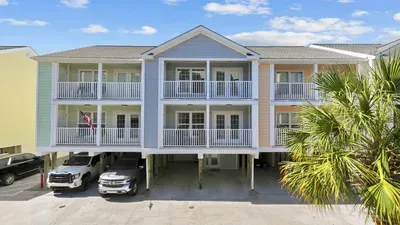 Outside arial of the blue townhouse