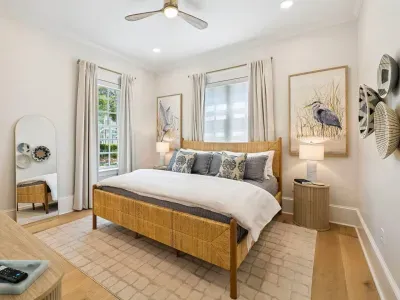 King bed, premium Quince bedding, and a Leesa mattress — the kind of sleep that makes vacation feel longer.