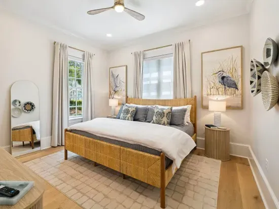 King bed, premium Quince bedding, and a Leesa mattress — the kind of sleep that makes vacation feel longer.