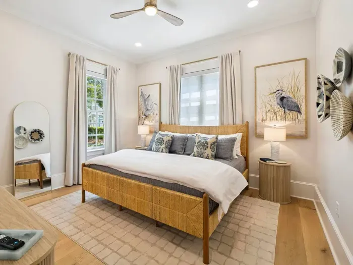 King bed, premium Quince bedding, and a Leesa mattress — the kind of sleep that makes vacation feel longer.