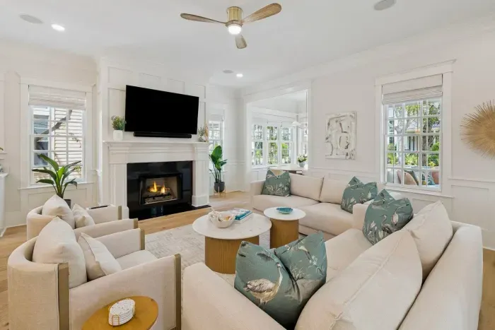 Room for the whole family to pile in — deep cushioned seating and a big smart TV for movie nights after a sun-soaked beach day.