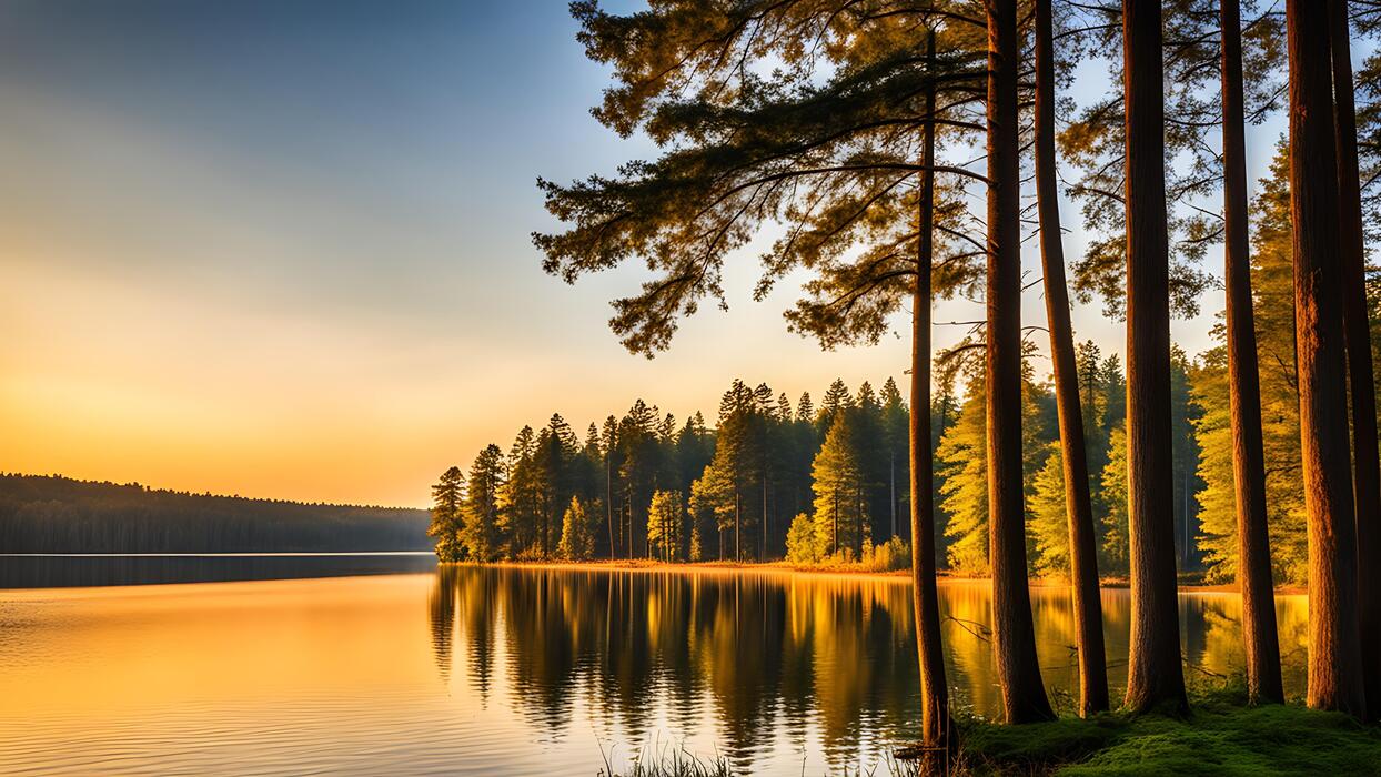 ai-generated-a-lake-surrounded-by-trees-at-sunset-free-photo