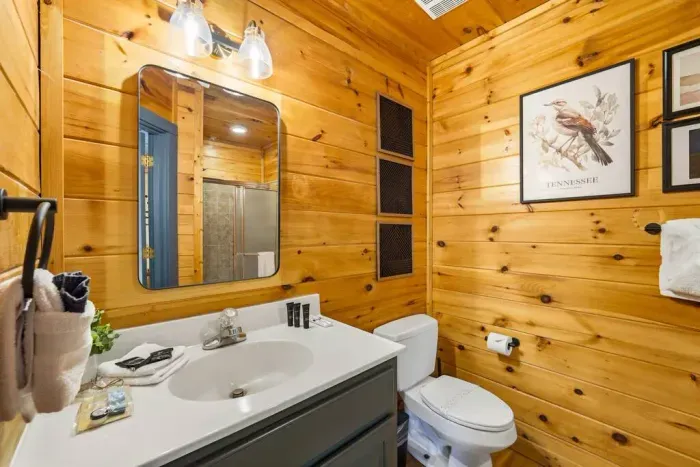 Vanity and shower located in the bedroom.