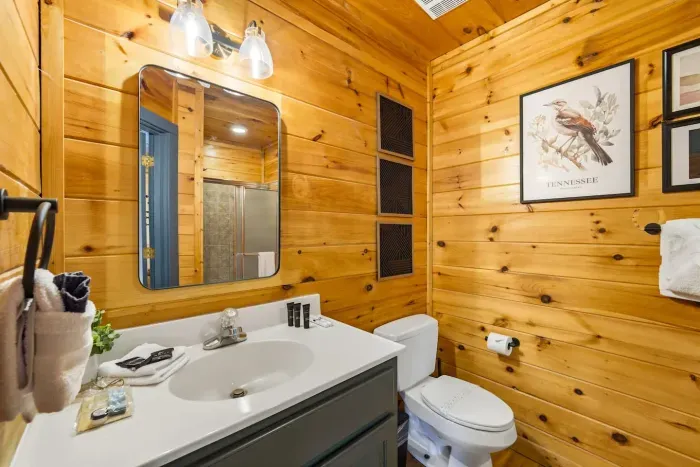 Vanity and shower located in the bedroom.
