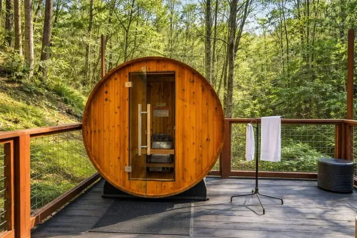Private two-person barrel sauna for ultimate relaxation.