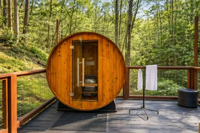 Private two-person barrel sauna for ultimate relaxation.