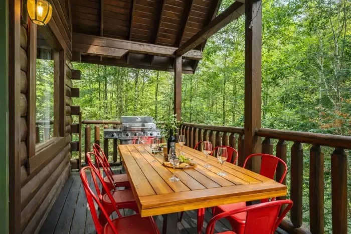 Outdoor deck with a BBQ grill for meals and drinks.