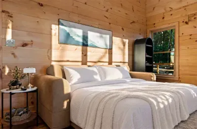 Sunlit wood-lined bedroom with plush bed and peaceful forest views