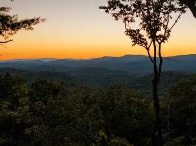 Peaceful mountain sunset views over lush forested ridgelines