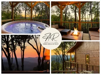 Sunset, hot tub, fire table, and mountain views at this cozy Cherry Log mountain retreat