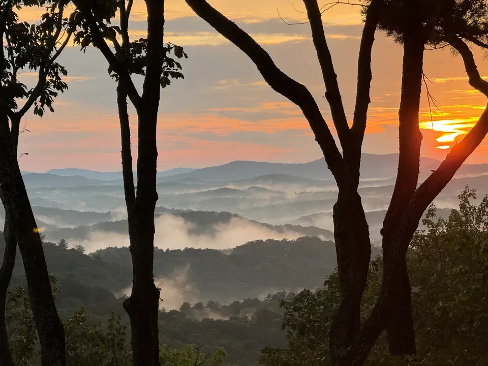 Misty Blue Ridge Mountain ridgelines at sunset in North Georgia