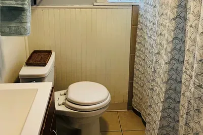 Full bathroom with bathtub, downstairs down set of steps