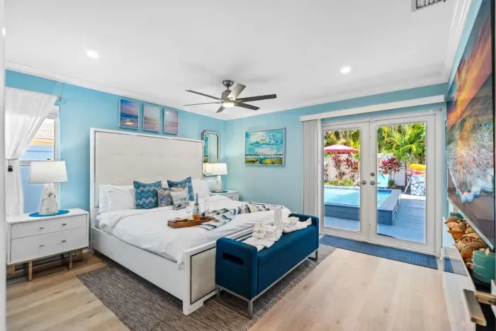 As the day comes to an end and everyone is getting tired, head to the stunning bedrooms - welcome into bedroom number 1 the primary retreat with a glorious king sized bed with a fireplace and 65” HDTV for your own private evening entertainment.