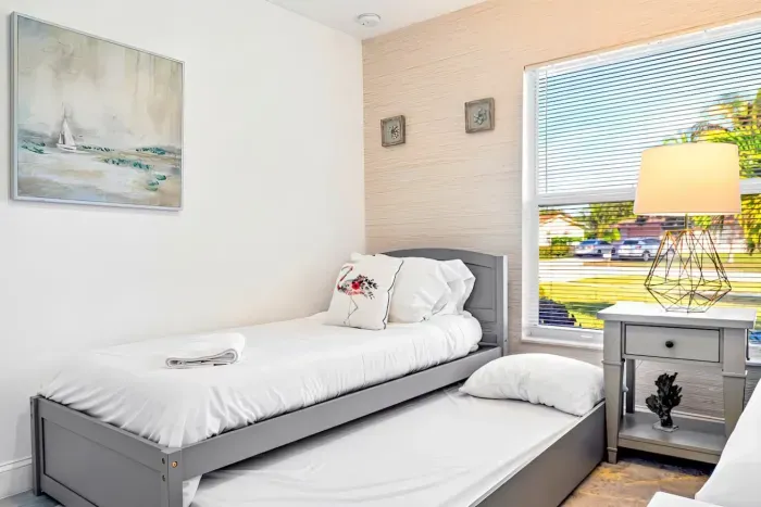 This single trundle bed pulls out to provide an additional sleeping option.