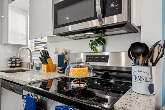 The kitchen has everything you may require to craft delicious meals.