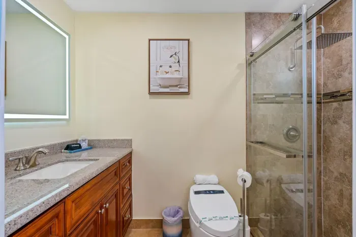 Refresh in the sleek walk-in shower, stocked with fluffy towels and essential toiletries so you can travel lighter and still feel pampered.