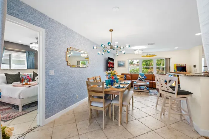 Dine under the unique and stylish chandelier.