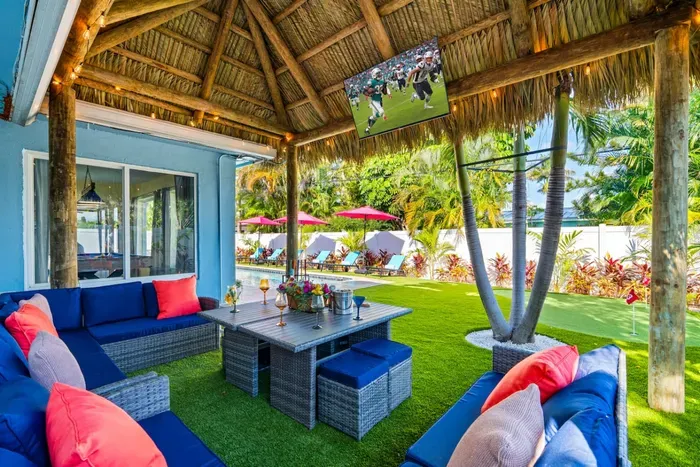 We can't really think of a better place to watch the big game than the Tiki Hut with seating and a smart TV, creating a fun and relaxing atmosphere.