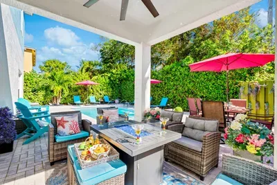 Make your way outside again and check everything out!  Be sure to gather around the fire pit table after a nice BBQ meal at the outdoor dining table.