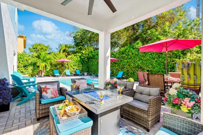 Make your way outside again and check everything out!  Be sure to gather around the fire pit table after a nice BBQ meal at the outdoor dining table.