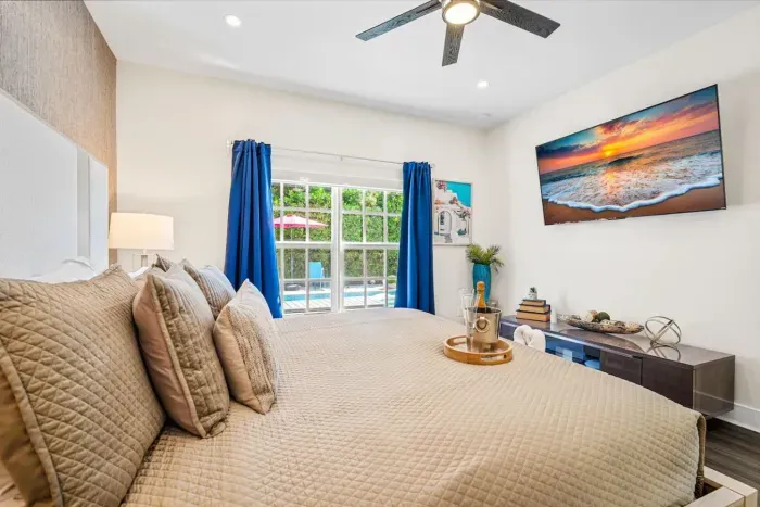 Enjoy perfect viewing of the 65” HDTV with Roku from the comfort of your king sized bed, make sure to use the ceiling fan if you want to feel a cool breeze.