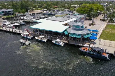 Aerial view of The Cove Waterfront Restaurant and Tiki Bar and marina in Deerfield Beach, Florida
